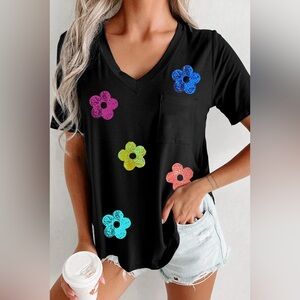 Black Sequined Flower Pocketed V Neck T Shirt Bohemian blouse